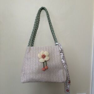 Chic Cream and Green Tote Bag with Floral Accent